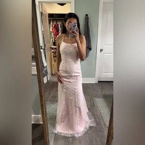 Cute light pink lace maxi dress with a trail. (willing to change price, lmk!)